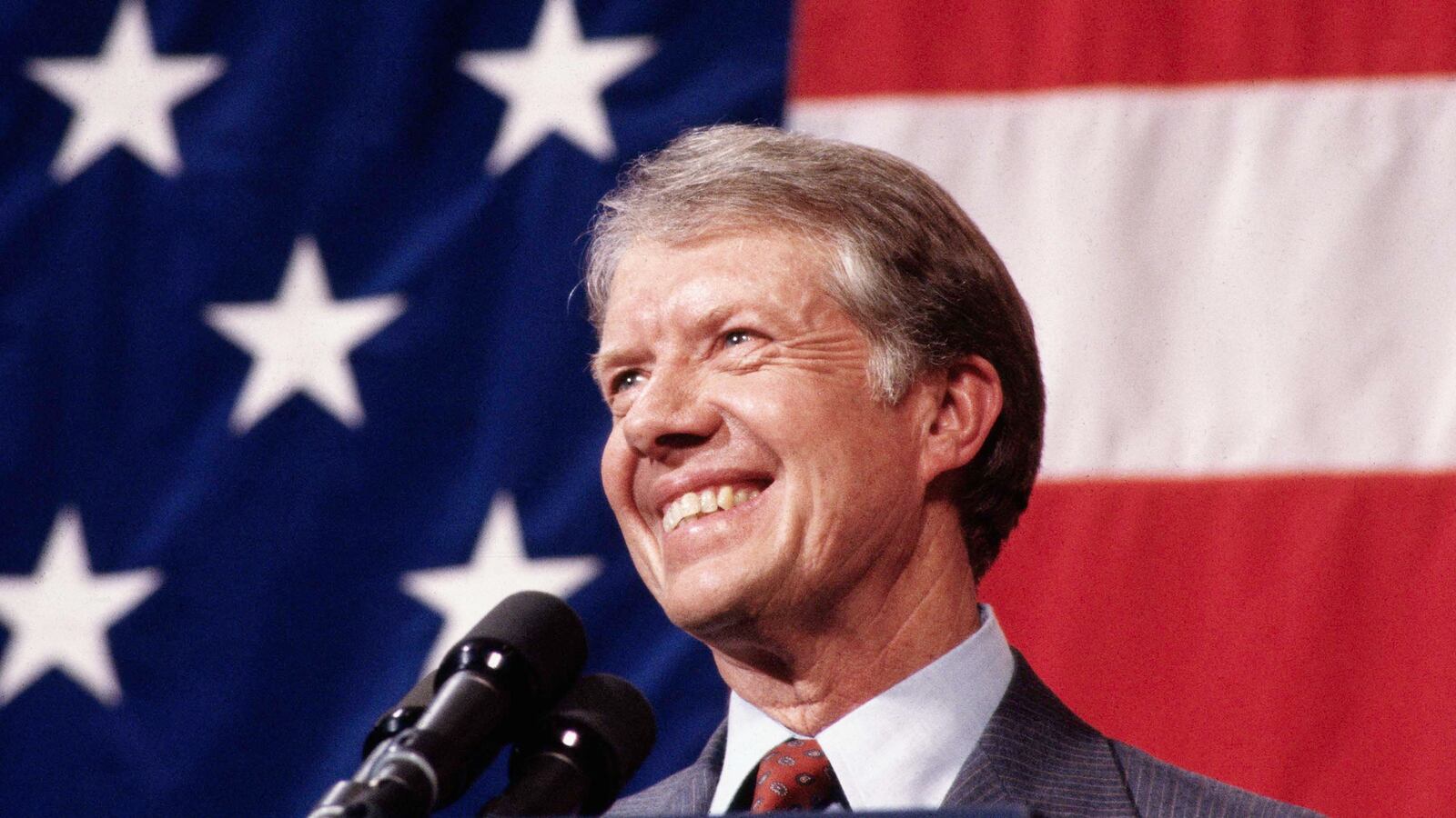 Closeup of President Jimmy Carter addressing a town hall meeting.