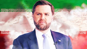 A photo illustration of JD Vance in front of the map and flag of Iran.