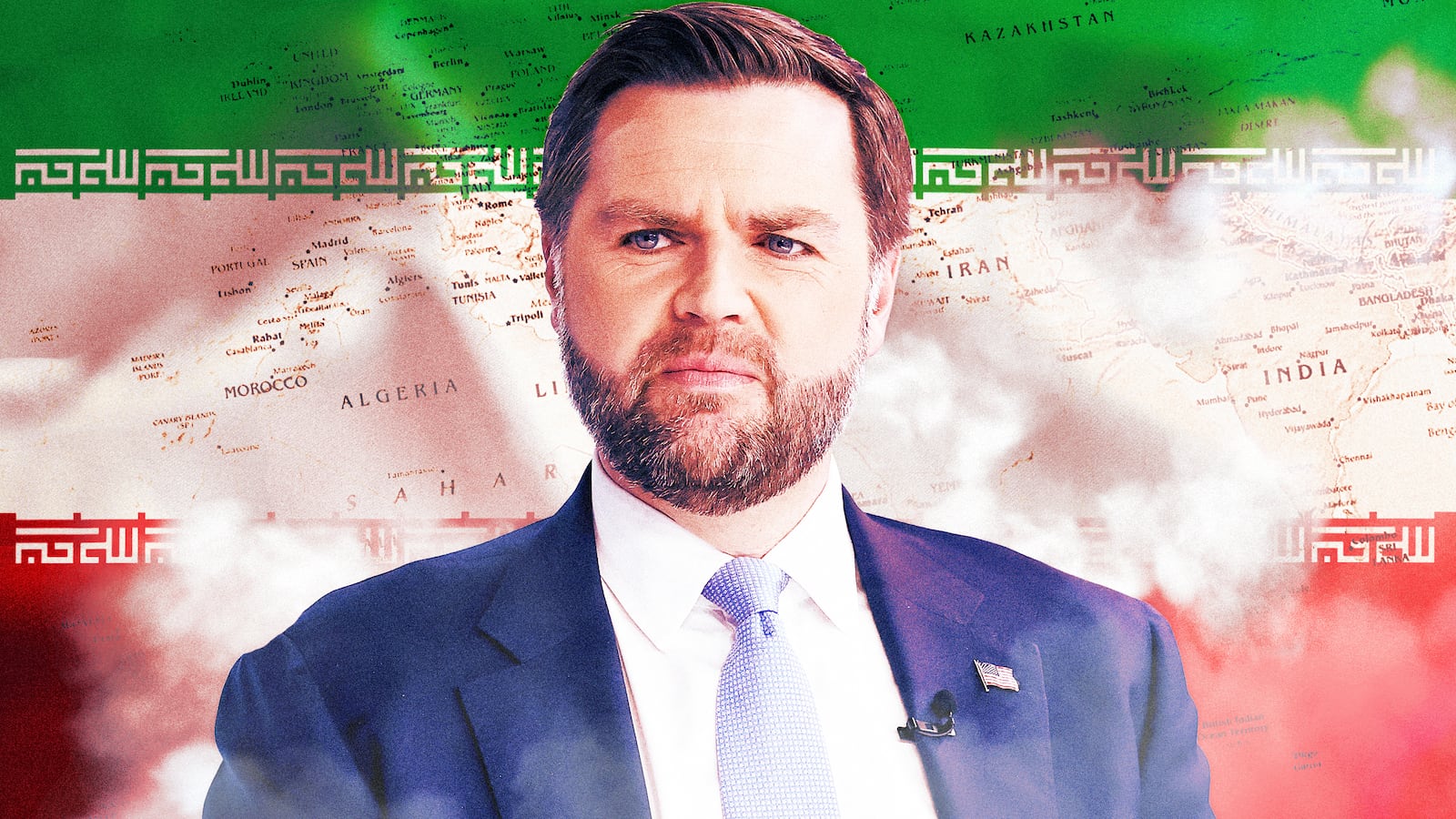 A photo illustration of JD Vance in front of the map and flag of Iran.