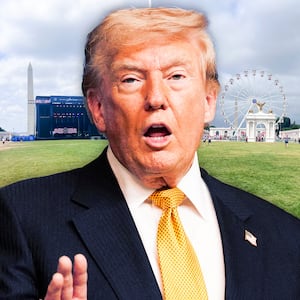 A photo illo composite of Donald Trump in front of photos of The Great American State Fair in Washington, D.C.