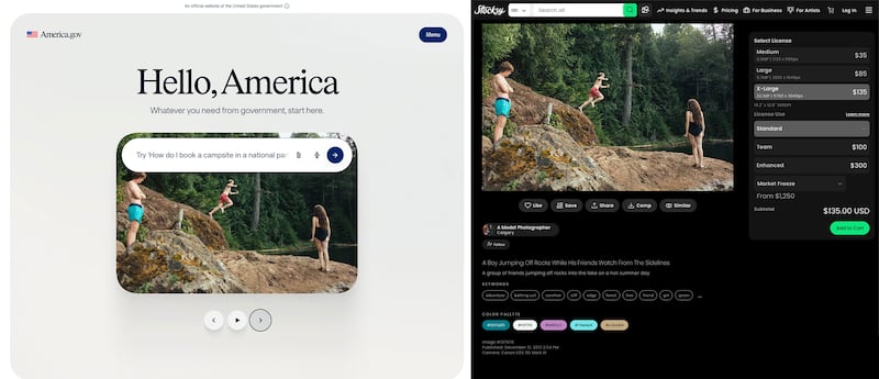 Side by side comparison of a screenshot from America.gov and the Stocksy stock image site where the photograph was found