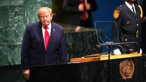 Donald Trump reacts by the podium at the 81st United Nations General Assembly at UN headquarters in New York City on September 22, 2026.