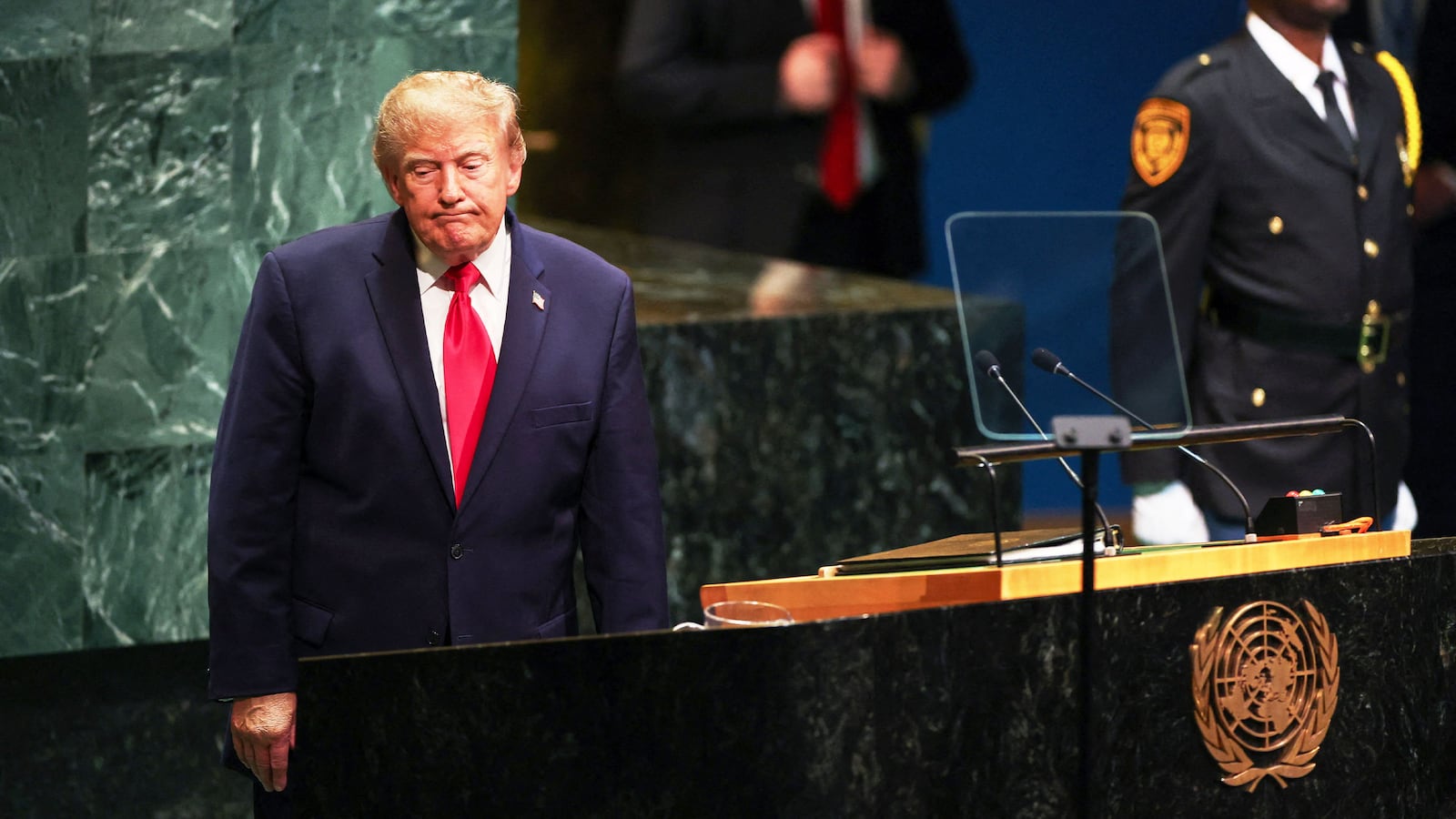 Donald Trump reacts by the podium at the 81st United Nations General Assembly at UN headquarters in New York City on September 22, 2026.