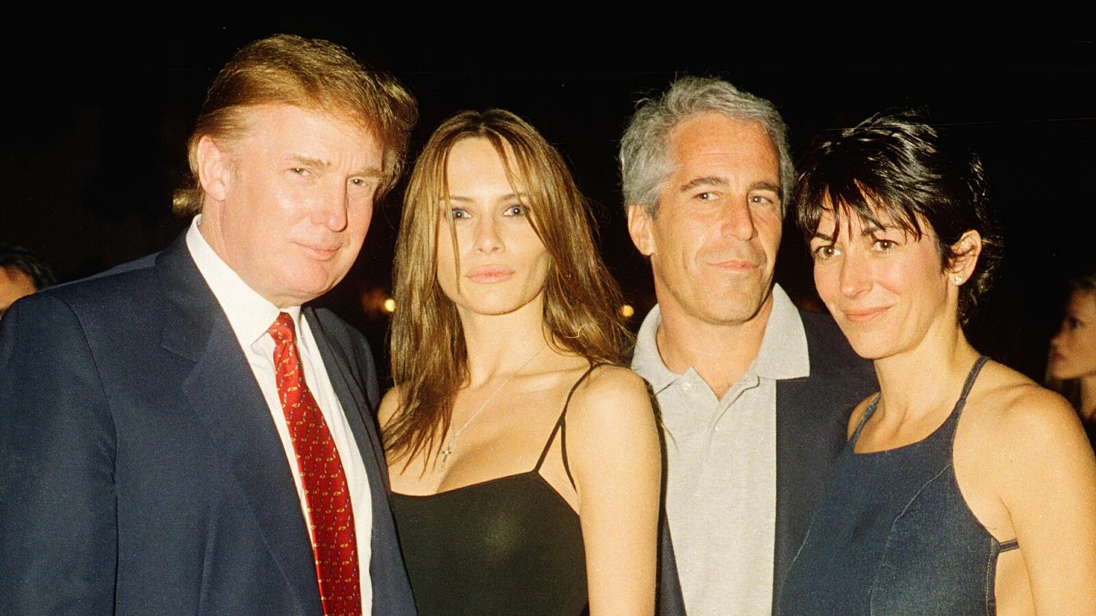 Donald Trump, Melania Trump, Jeffrey Epstein, and Ghislaine Maxwell pose together at the Mar-a-Lago club, Palm Beach, Florida, February 12, 2000.