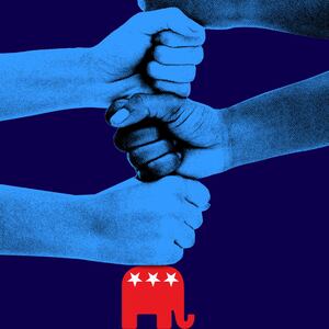 A photo illustration of a stack of fists pressing down on a red elephant