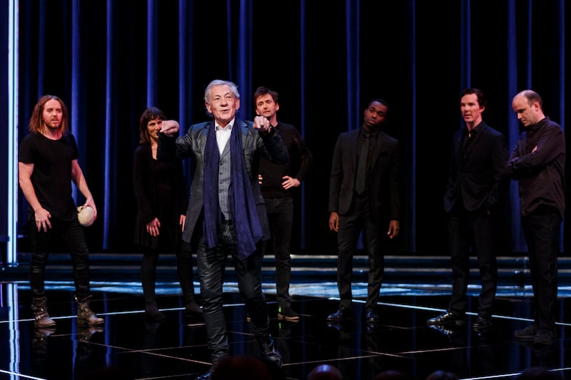 Tim Minchin, Harriet Walter, Sir Ian McKellen, David Tennant, Paapa Essiedu, Benedict Cumberbatch and Rory Kinnear perform on stage as part of a special production of Shakespeare Live! 2016