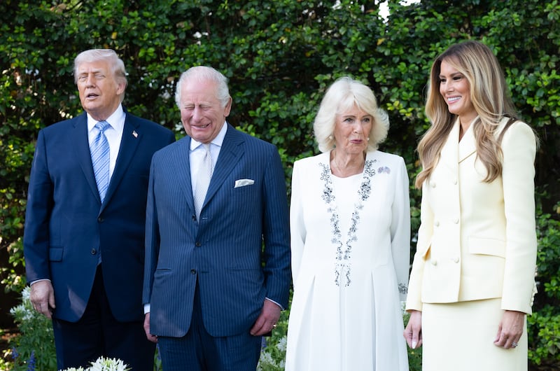 WASHINGTON, DC - APRIL 27: (NO UK SALES FOR 28 DAYS) U.S. President Donald Trump and first lady Melania Trump host King Charles III and Queen Camilla for afternoon tea at the White House on day one of their State Visit to the United States of America on April 27, 2026 in Washington, D.C. The visit will include stops at the nation's capital, New York City, and Virginia, arranged to celebrate the United States of America's 250th anniversary of its independence.