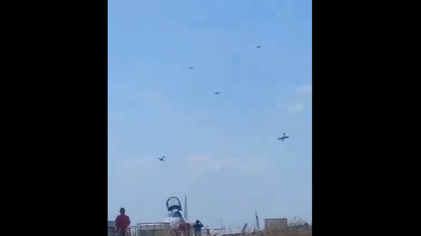 screenshot of two planes descending after collision at Beja Air Show in Beja, Portugal, on June 2, 2024.