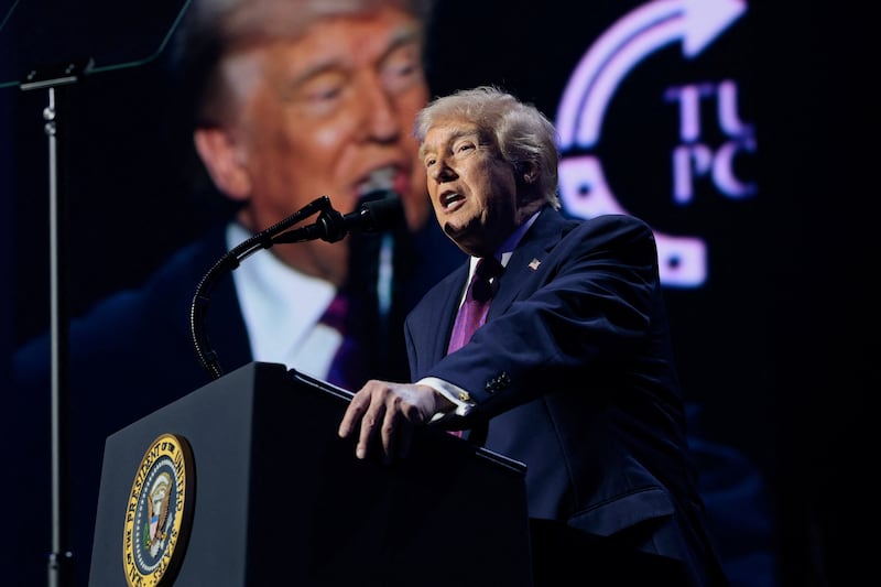 U.S. President Donald Trump speaks during a Turning Point USA event at Dream City Church in Phoenix, Arizona.