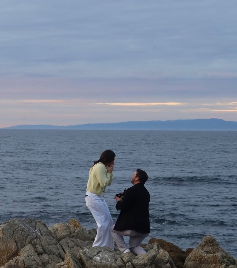 Taylor Budowich proposes to girlfriend Brenna Flynn in in Carmel, California.