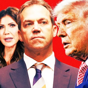 A photo illustration of Kristi Noem, Bryon Noem, and Donald Trump.