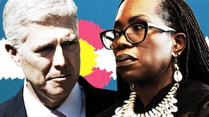 Ketanji Brown Jackson and Neil Gorsuch in front of a Colorado flag