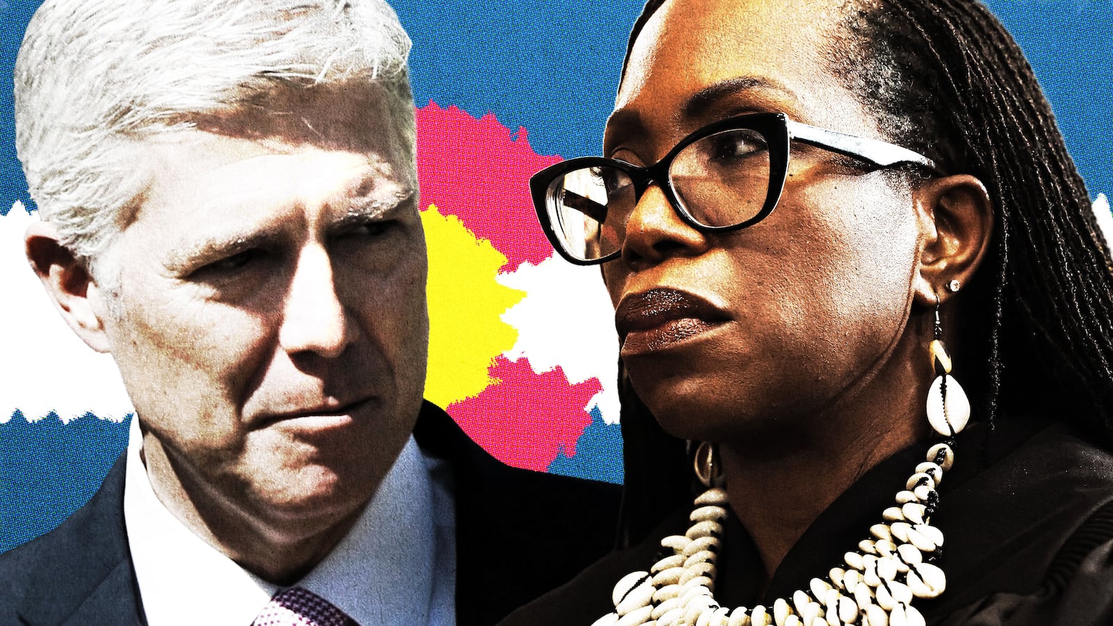 Ketanji Brown Jackson and Neil Gorsuch in front of a Colorado flag