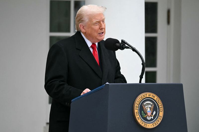 President Donald Trump speaks during the turkey pardon ceremony in the Rose Garden of the White House in Washington, DC on November 25, 2025.
