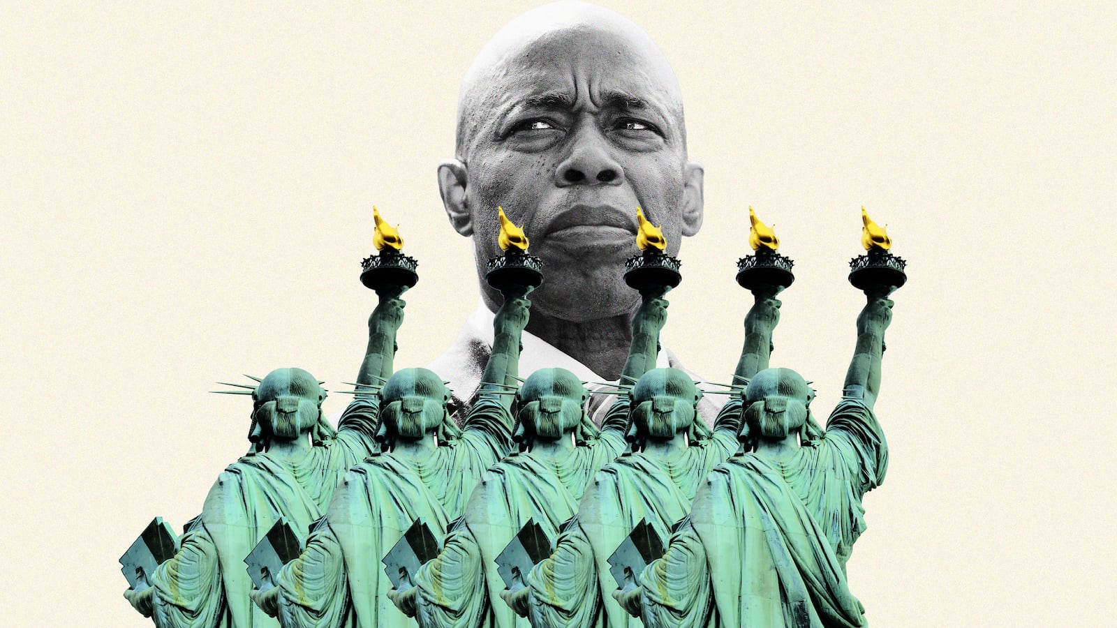 An illustration including a photo of New York City Mayor Eric Adams and The Statue of Liberty