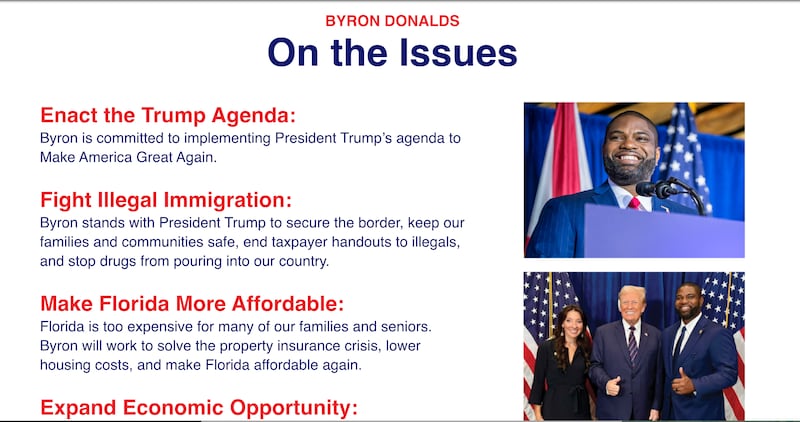 The old version of Rep. Byron Donalds' Issues page touts the Trump agenda and focus on Trump's immigration policies, but the new version of his Issues page doesn't mention or show the president at all.