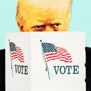 A photo illustration of Donald Trump at a voting booth.