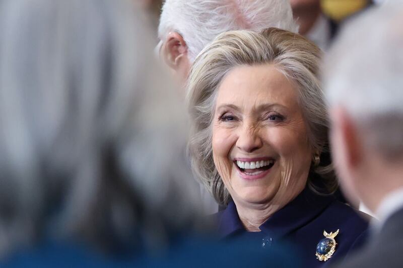 Former Secretary of State Hillary Clinton arrives for the Inauguration of Donald J. Trump in the U.S. Capitol Rotunda on January 20, 2025 in Washington, DC. Donald Trump takes office for his second term as the 47th president of the United States.