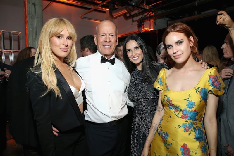 LOS ANGELES, CA - JULY 14: (L-R) Rumer Willis, Bruce Willis, Demi Moore and Tallulah Belle Willis attend the after party for the Comedy Central Roast of Bruce Willis at NeueHouse on July 14, 2018 in Los Angeles, California.