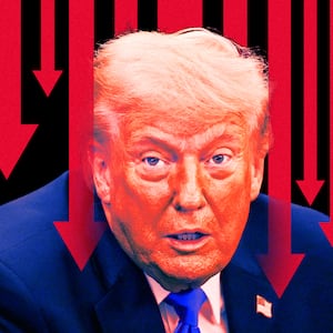 A photo illo illustration of falling red arrows for bad polling over Donald Trump.
