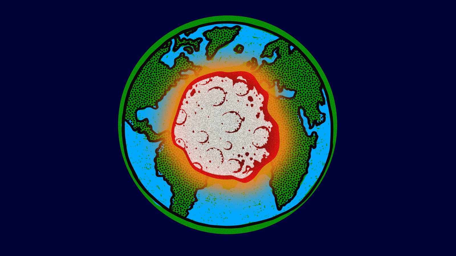 A photo illustration of an asteroid and planet Earth.