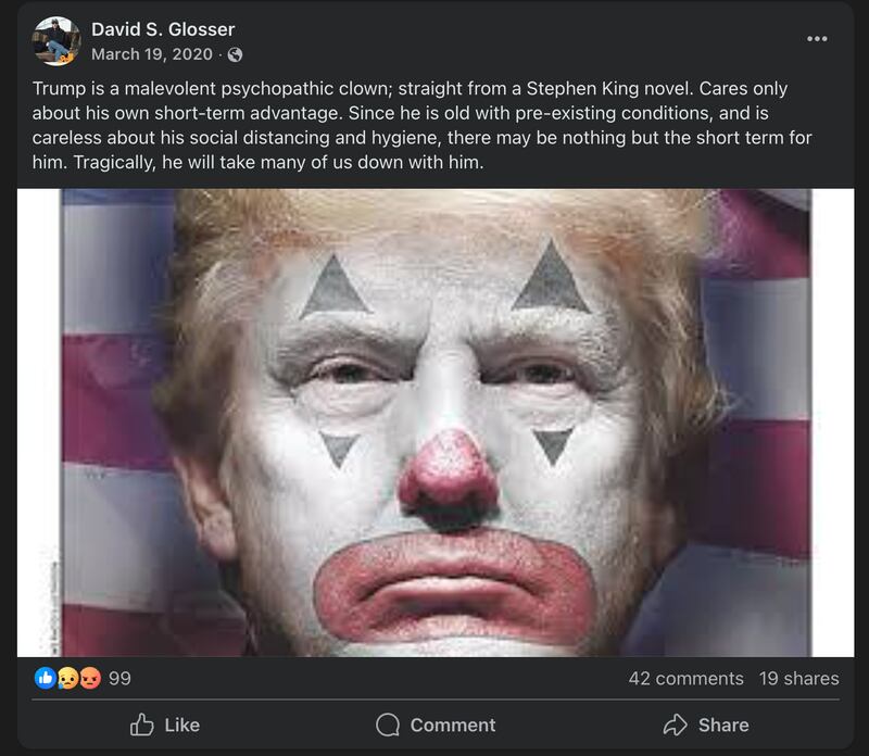 Dr. David S. Glosser, of Pennsylvania, is the brother of White House Deputy Chief of Staff Stephen Miller’s mother. He has made several posts that are critical of both Miller and President Donald Trump.