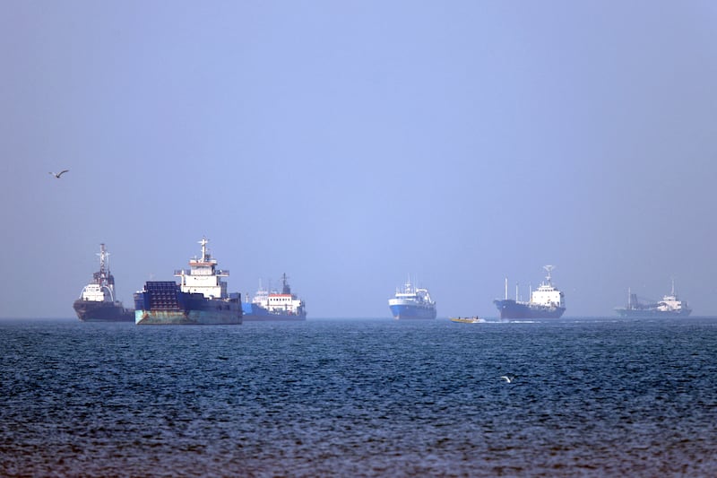 Vessels in the Strait of Hormuz off Bandar Abbas in southern Iran on May 4, 2026, as Iran's Revolutionary Guards denied any commercial ships had crossed the Strait of Hormuz, after the US military earlier said two US-flagged merchant vessels had transited through the vital waterway.
