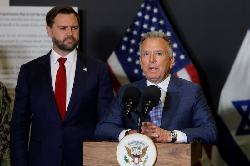 U.S. Special Envoy to the Middle East Steve Witkoff speaks to members of the media next to U.S. Vice President JD Vance, in Kiryat Gat, Israel, October 21, 2025.