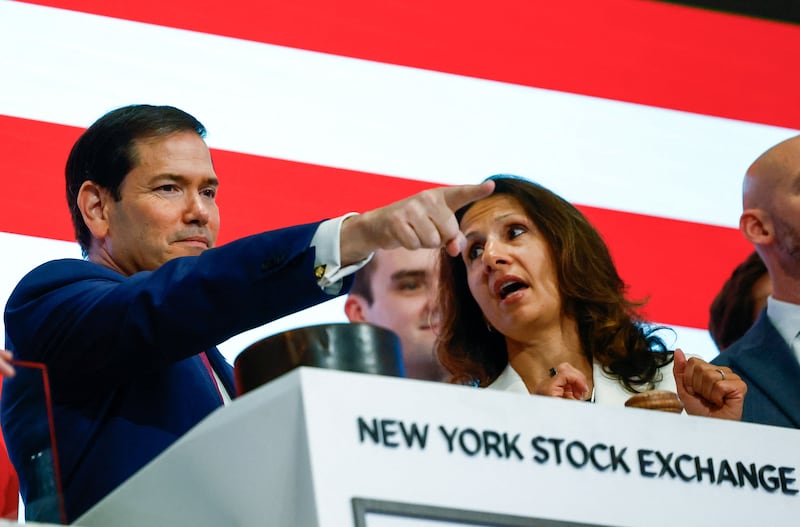 US Secretary of State Marco Rubio points his finger as he rings the opening bell at the New York Stock Exchange (NYSE), in New York City, US, September 21, 2026. REUTERS/Jeenah Moon/Pool