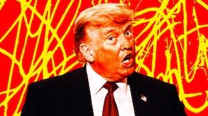A photo illo illustration of Donald Trump and red yellow background.