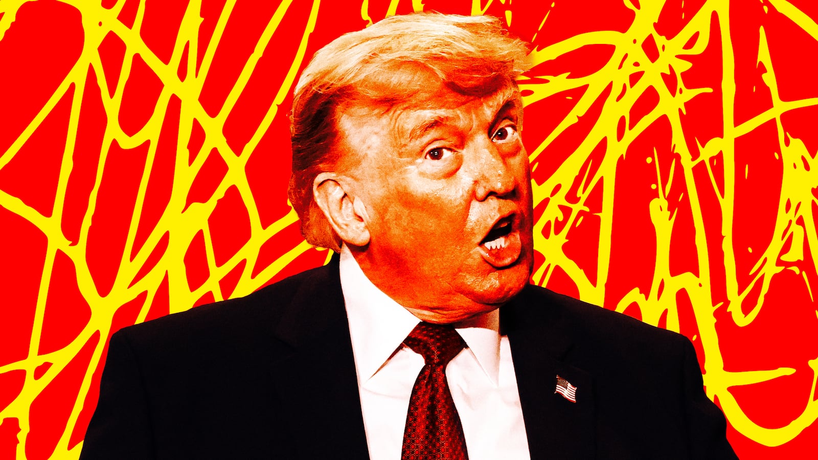 A photo illo illustration of Donald Trump and red yellow background.