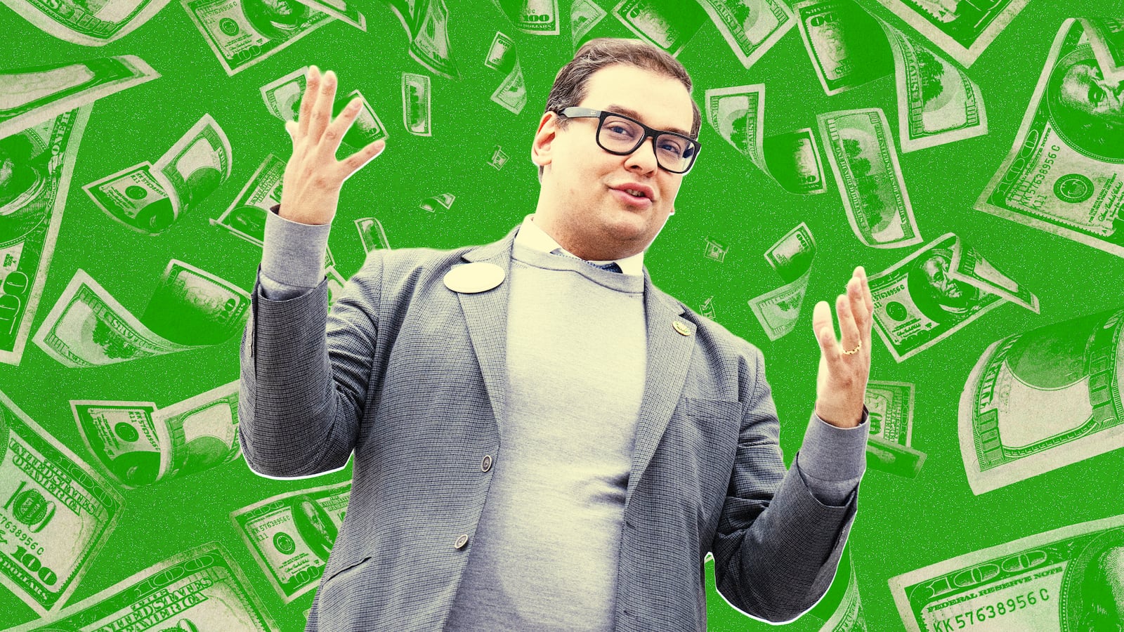A photo illustration Congressman George Santos and money flying around.