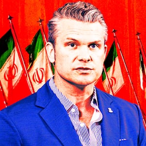 A photo illo illustration of Pete Hegseth and Iranian flags.