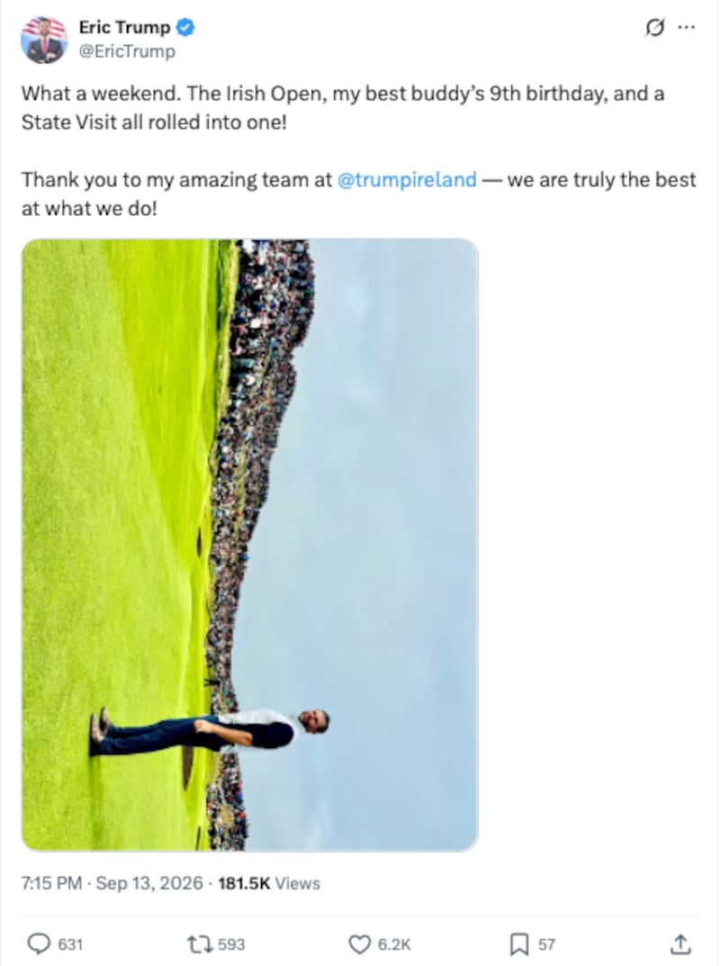 Eric Trump's post shows him standing alone on the fairway at the Irish Open.