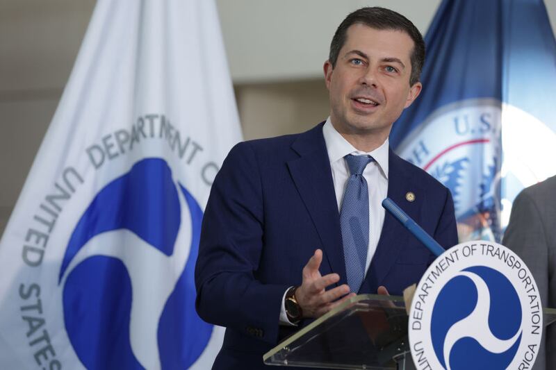 U.S. Secretary of Transportation Pete Buttigieg speaks to questions during a news conference at Ronald Reagan Washington National Airport November 21, 2024 in Arlington, Virginia. Transportation officials held news conference to discuss the busy Thanksgiving Air Travel.  (Photo by Alex Wong/Getty Images)
