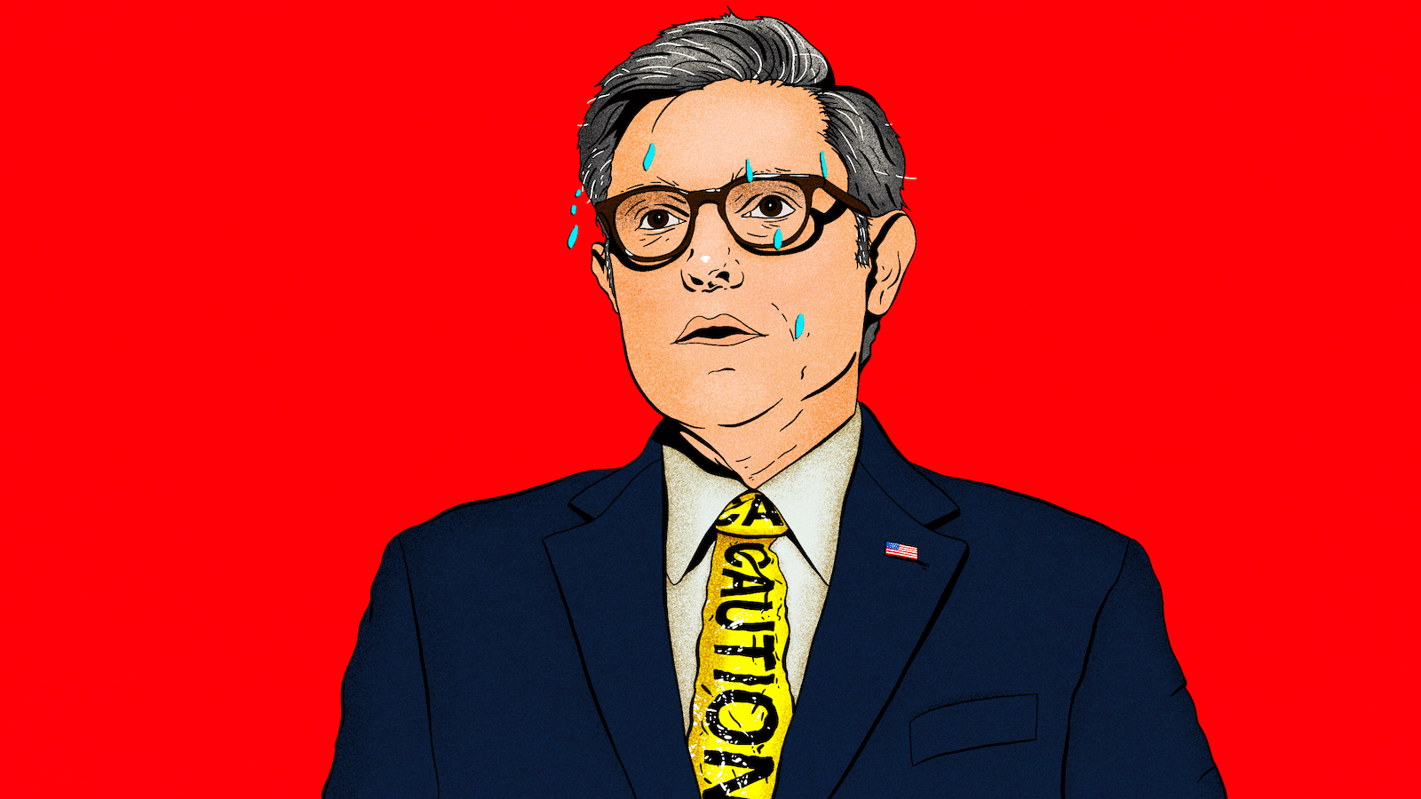 Illustration of a flop-sweating Mike Johnson with caution tape as a tie