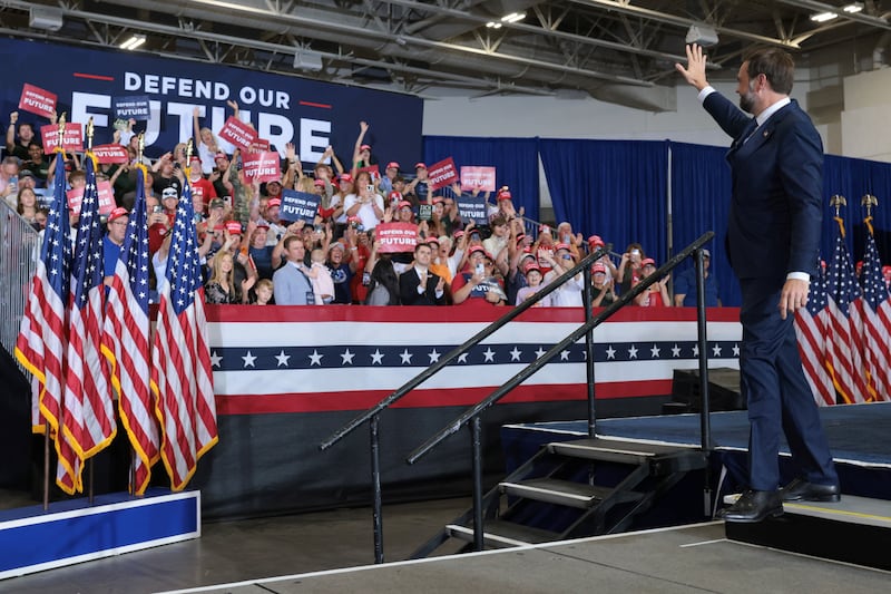 People listen as US Vice President JD Vance leaves the stage after speaking during a Republican National Committee’s Midterm Rally at the Mid-America Center, in Council Bluffs, Iowa, US, September 18, 2026. Anna Moneymaker/Pool via REUTERS