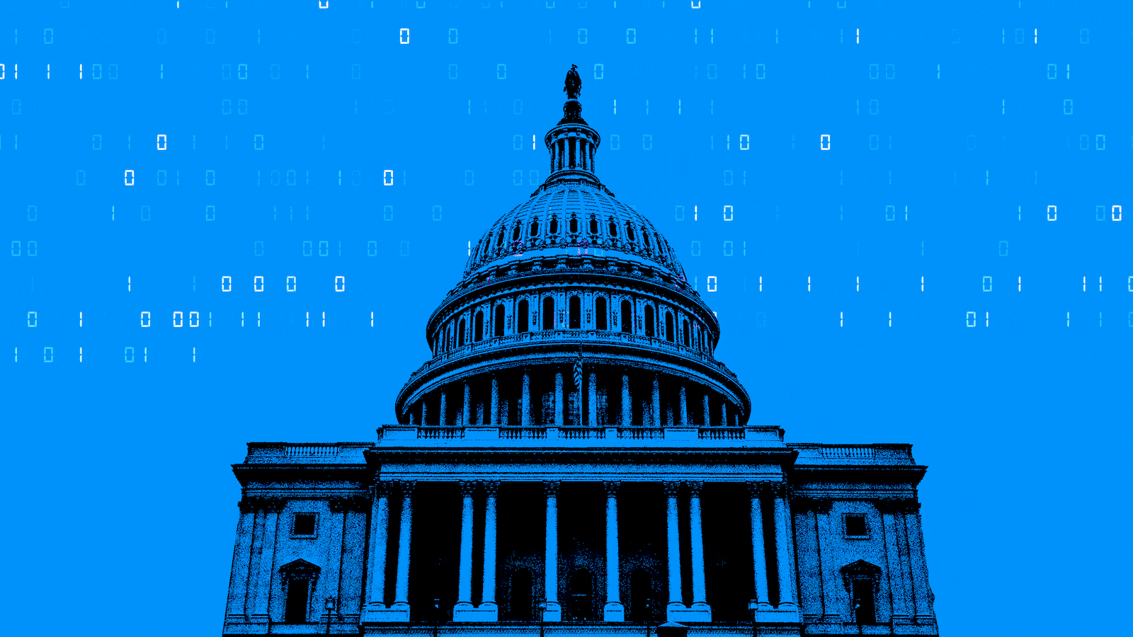 An illustration including the capitol hill building and binary code