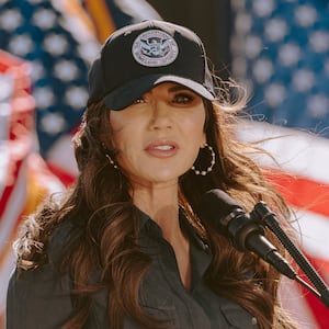 Homeland Security Secretary Kristi Noem speaks during a press conference in Nogales, Arizona, on February 4, 2026.