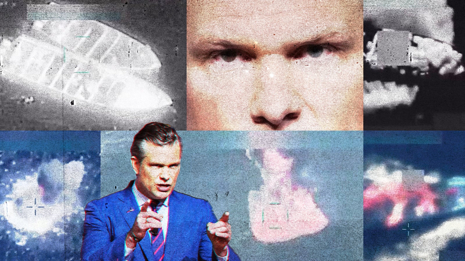 A photo illustration of SecDef Pete Hegseth in front of video clips from boats struck by the US military in the Eastern Pacific.