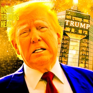 A photo illustration of Donald Trump and the proposed Trump presidential library building for the Inside Trump's Head podcast.