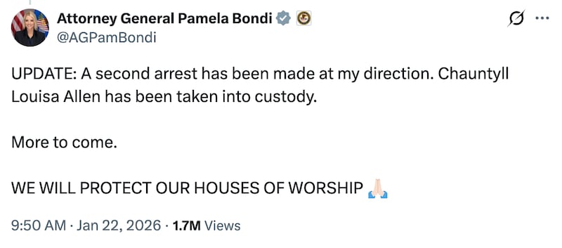 An X post from Attorney General Pamela Bondi announcing the arrest of Chantyll Louisa Allen.