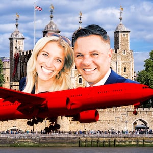 A photo illustration of Zach and Kelly Nunn and the Tower of London.