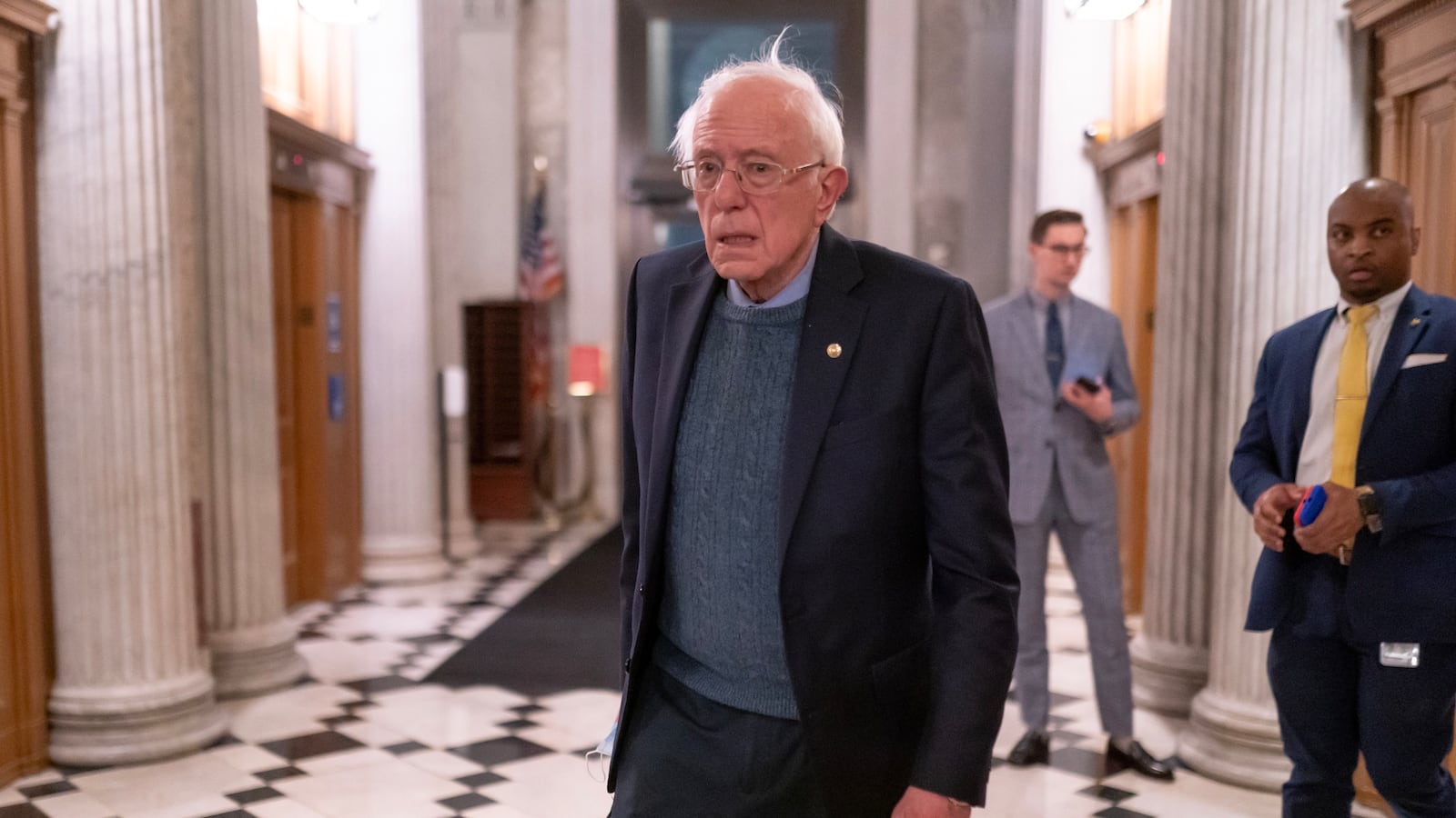 U.S. Sen. Bernie Sanders (R) (I-VT) walks toward the Senate Chambers on March 23, 2024 in Washington, DC.