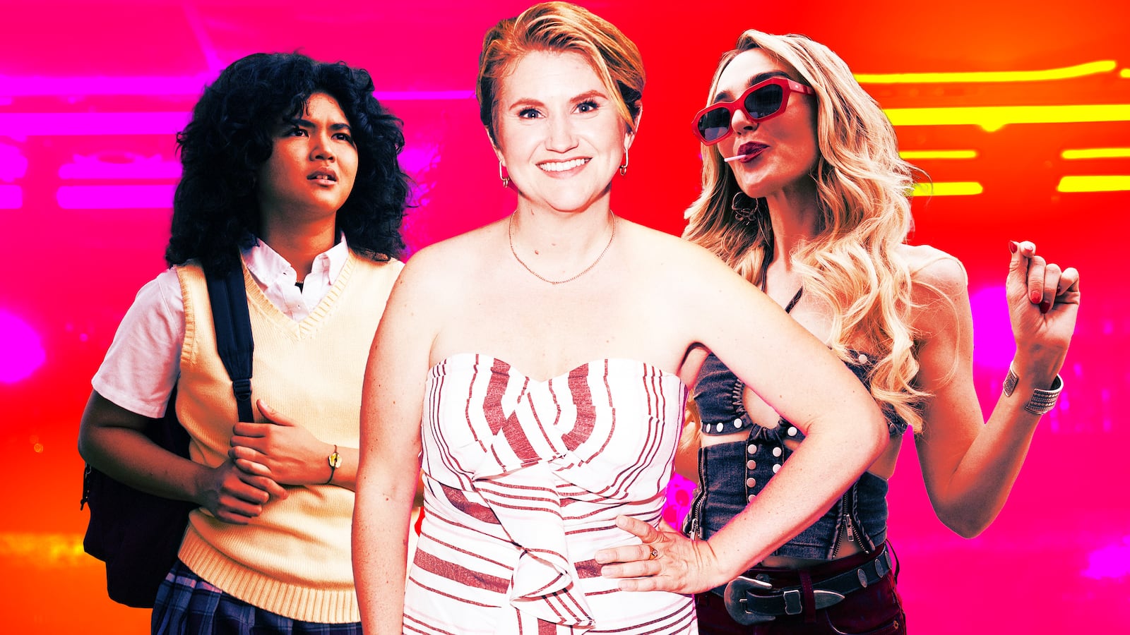 A photo illustration of Sam Morelos, Jillian Bell, and Chloe Fineman.