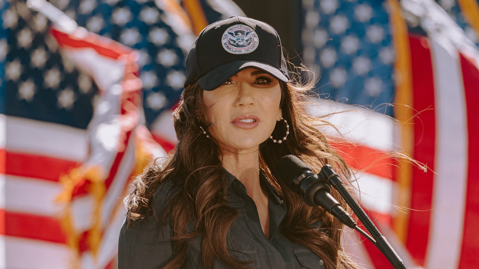 Homeland Security Secretary Kristi Noem speaks during a press conference in Nogales, Arizona, on February 4, 2026.