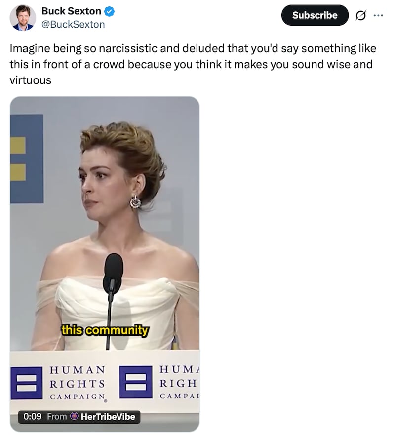 Buck Sexton is not a fan of Anne Hathaway's speech.