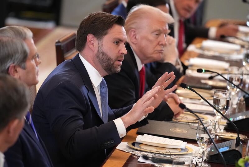 U.S. Vice President JD Vance (C), speaks alongside President Donald Trump as Trump holds a dinner with leaders of Central Asian countries in the East Room of the White House on November 6, 2025, in Washington, DC.
