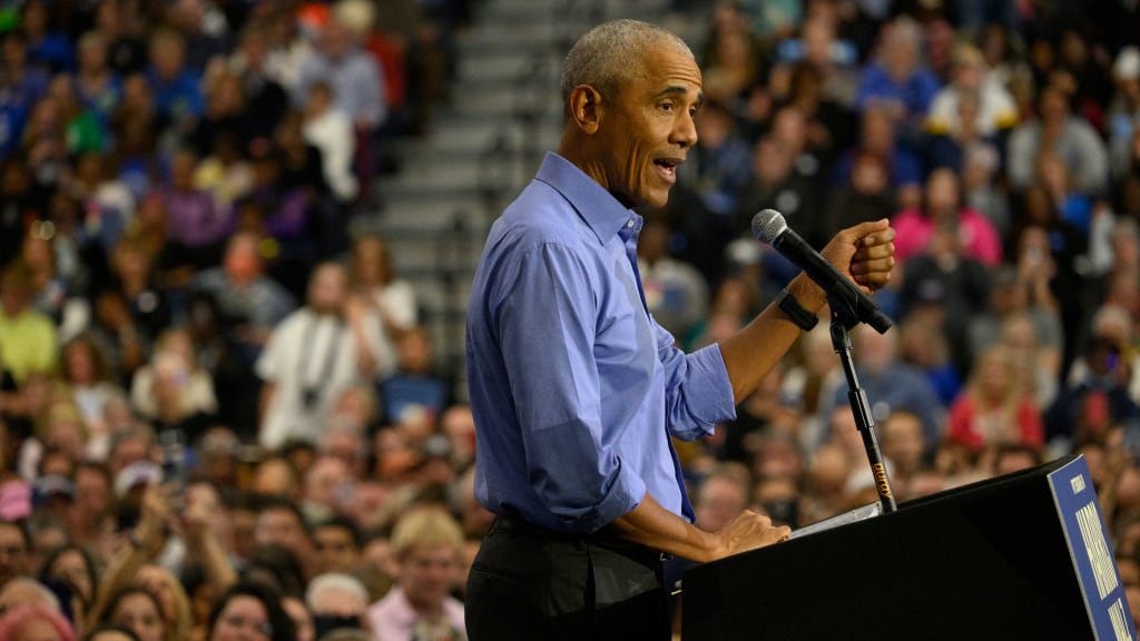 Former U.S. President Barack Obama speaks at a campaign event for Democratic presidential nominee, U.S. Vice President Kamala Harris at the University of Pittsburgh on October 10, 2024 in Pittsburgh, Pennsylvania.