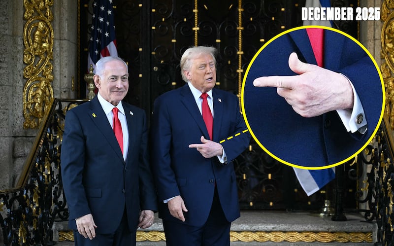 President Donald Trump greets Israeli Prime Minister Benjamin Netanyahu upon arrival at Trump's Mar-a-Lago residence in Palm Beach, Florida, on Dec. 29, 2025.